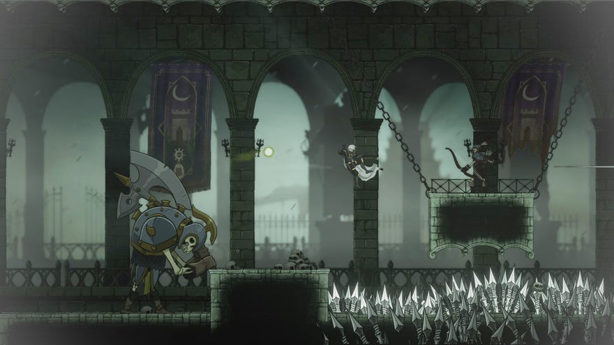 A man jumps over a pit of spikes in Aeterna Noctis.