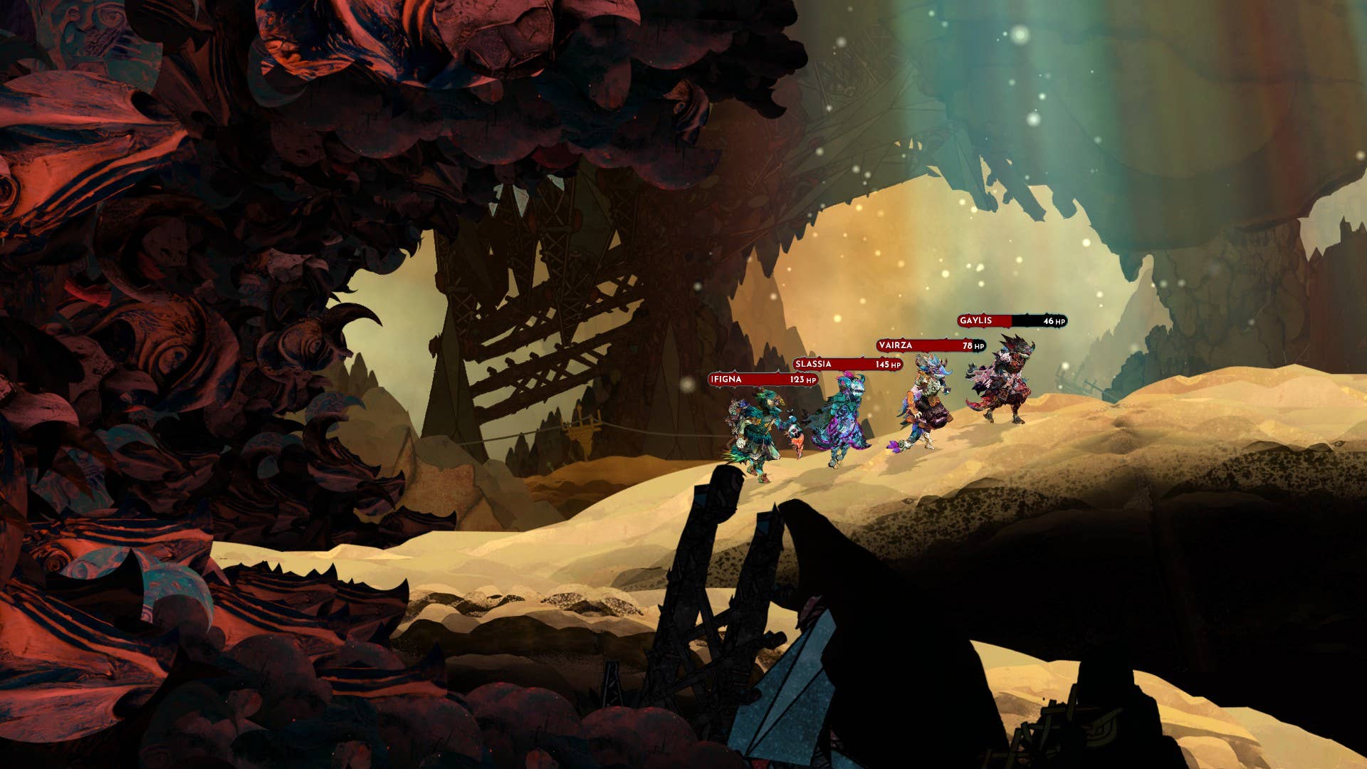 The player's party of vazzards ascends a hill in Aetheris.