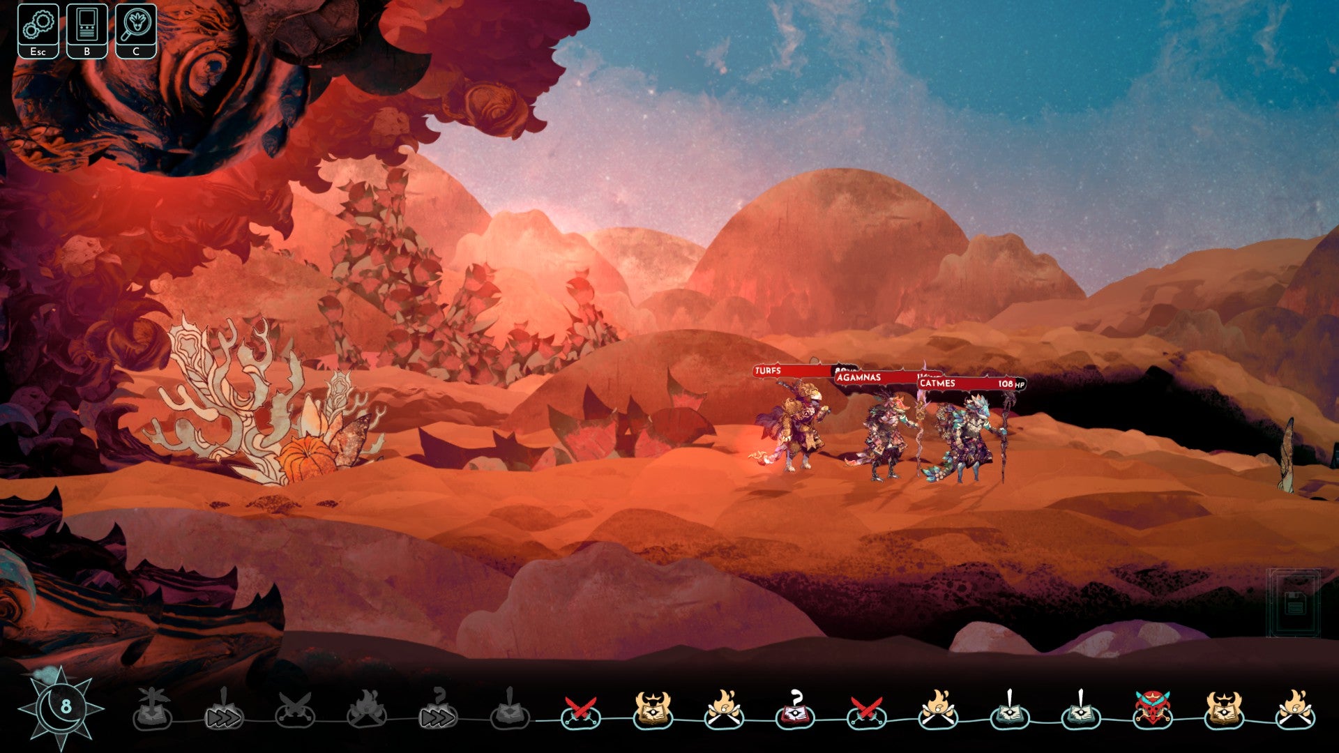 A depleted party of vazzards walks across an autumnal field in Aetheris. - 9