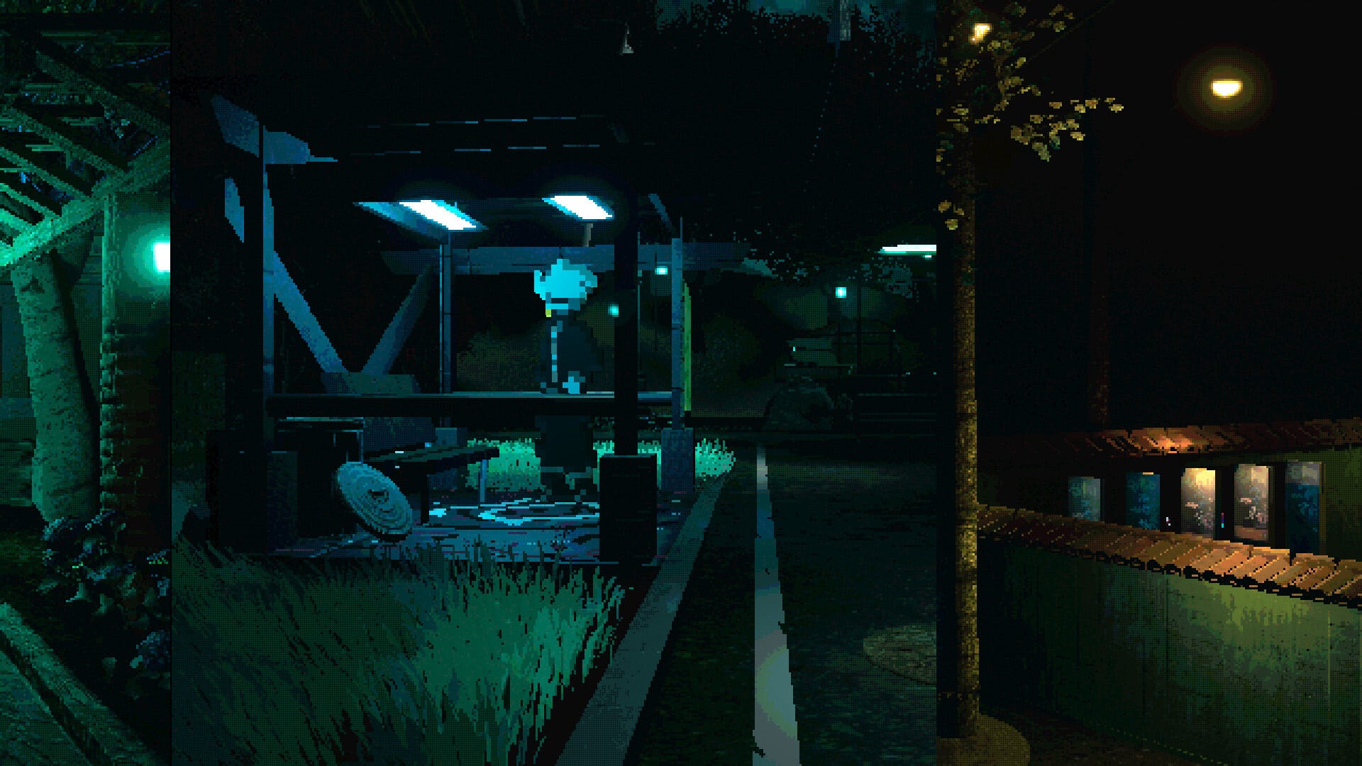 A 3D pixel creation  autobus  halt  with a idiosyncratic   waiting nether  it, it's dimly lit, from Afantasia.