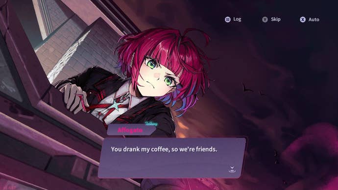 A magenta-haired woman calls out to a friend in Affogato