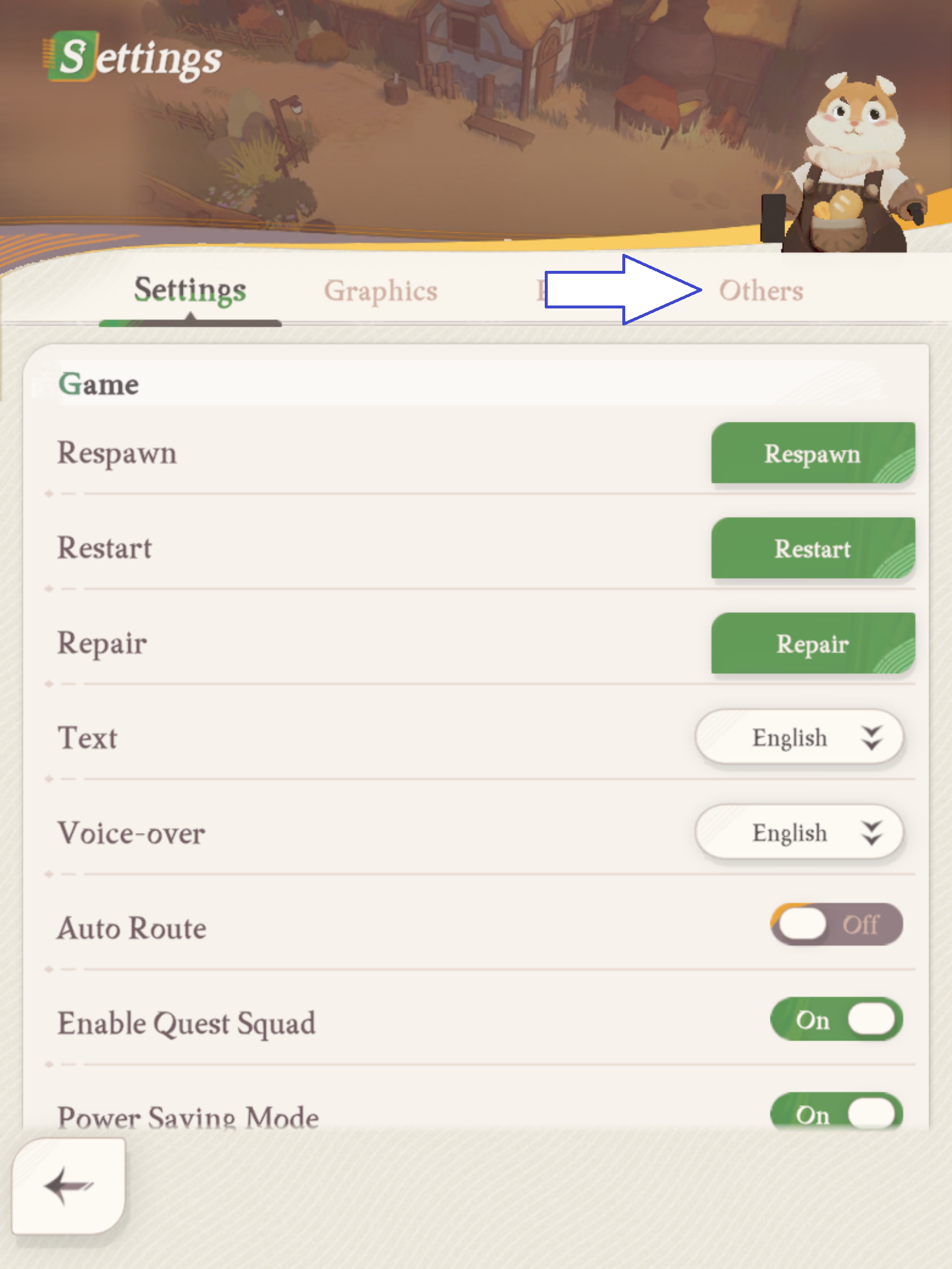A screenshot from AFK Arena showing the button for the Others menu screen, in the Settings section.