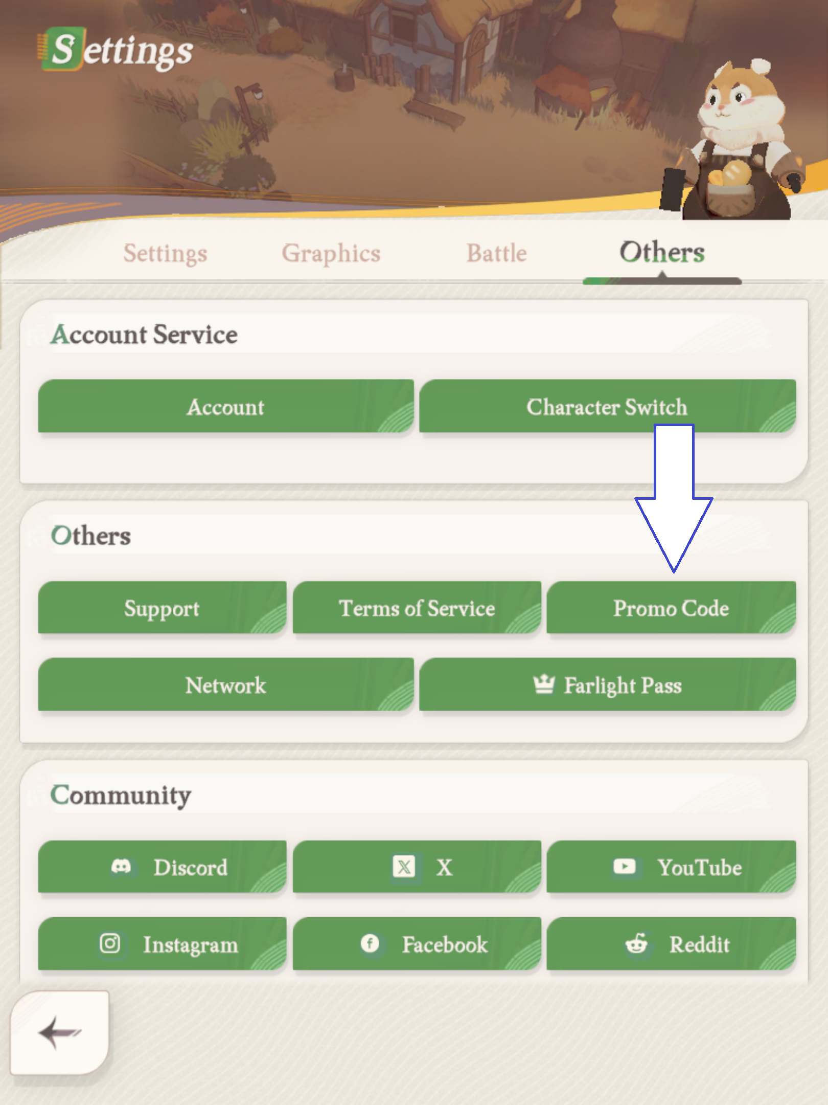 A screenshot from AFK Arena showing the game's promo code button.