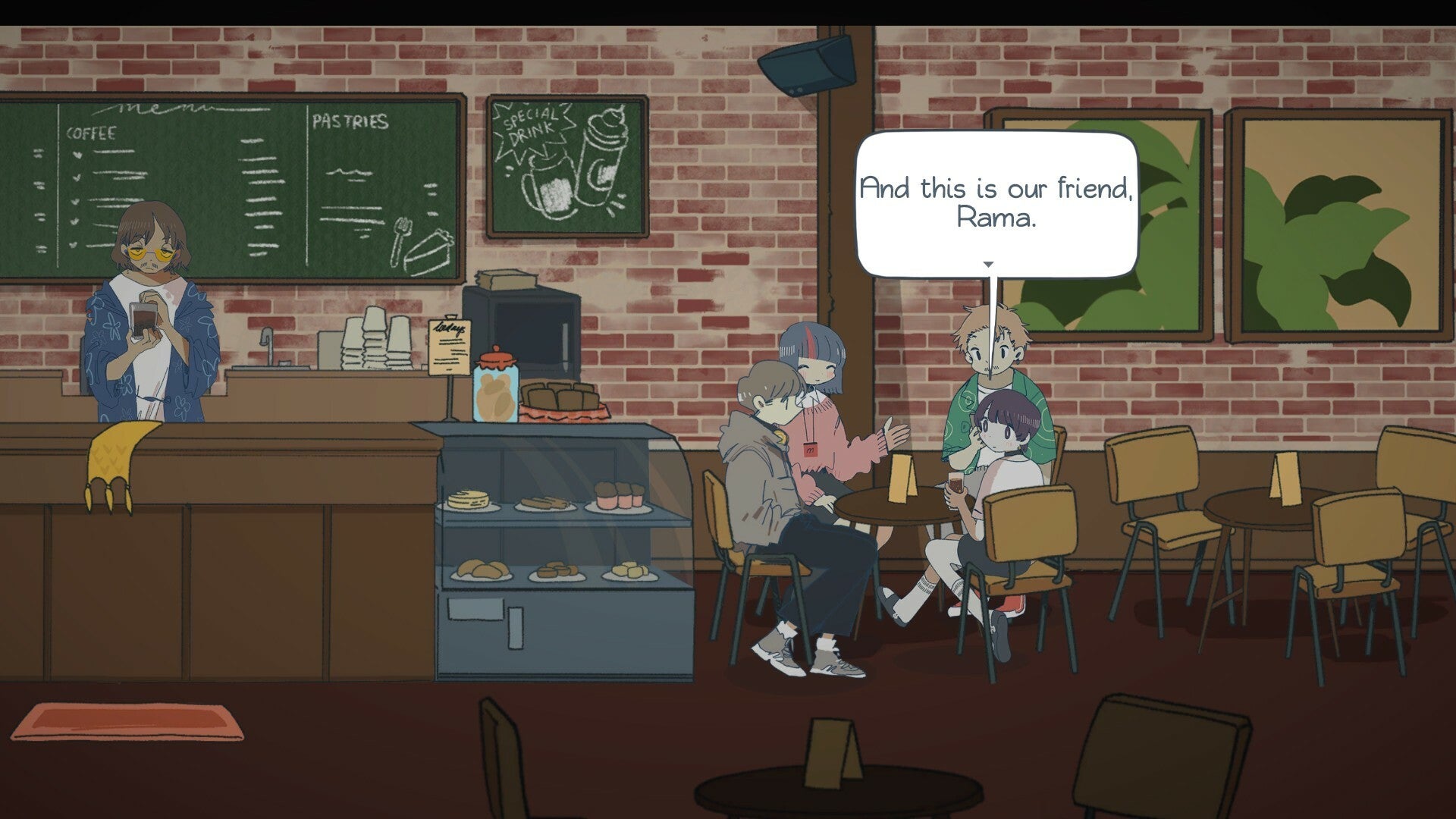 A group of young people sit in a coffee shop, chatting, in Afterlove EP. - 1