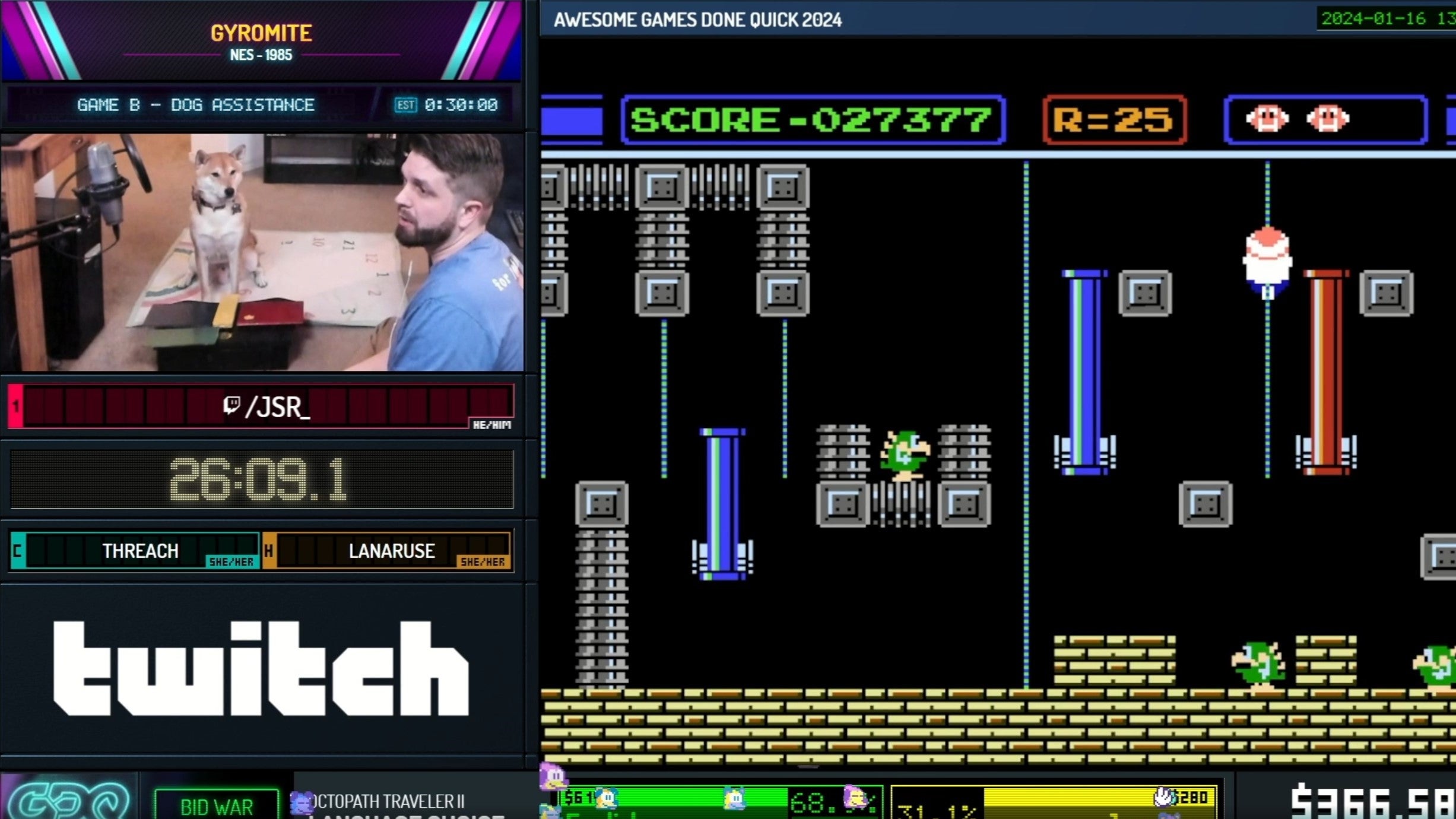 AGDQ 2024 stream of the game Gyromite, with dog cam shown in the corner with Peanut Butter and JSR_.