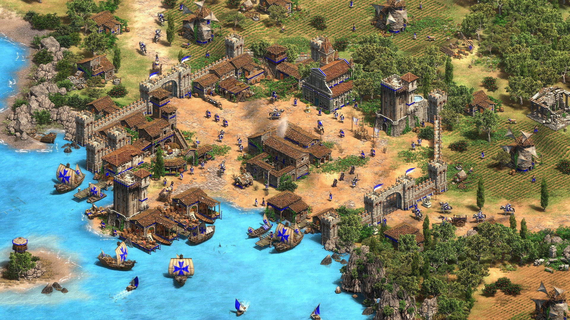 A screenshot of a settlement near a river in Age Of Empires II Definitive Edition - 44
