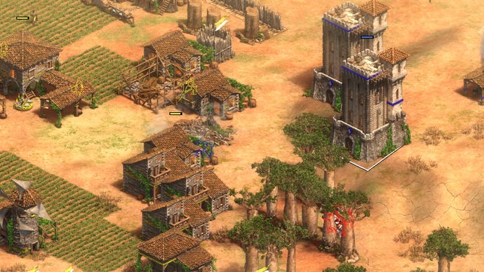 Two chunky-looking Sicilian donjons stand outside a settlement, raining arrows and brutes on the houses of the peasants.