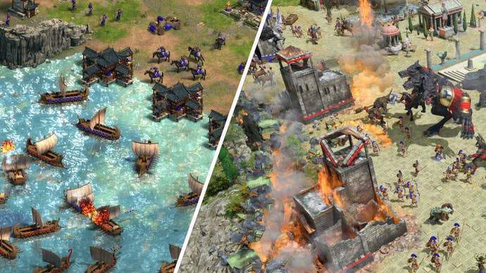 Image showing gameplay from Age of Empires 2: Definitive Edition on the left, and from Age of Mythology: Retold Edition in the right.