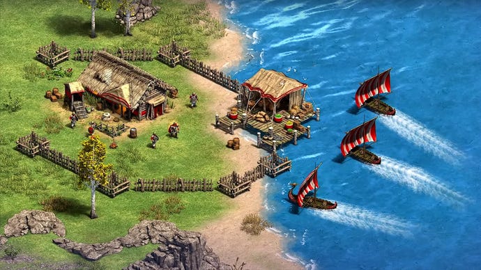 Ships approach a coastal village in Age of Empires 2: Definitive Edition's Victors and Vanquished expansion