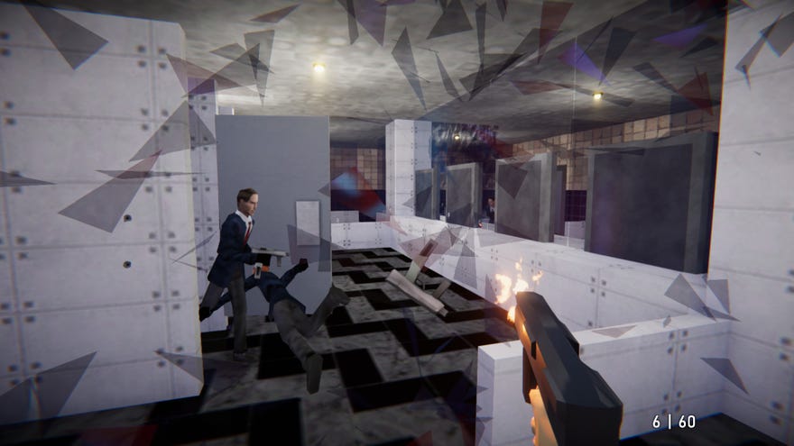 Glass shatters and low-poly men scramble in a bathroom during a shoot out in first-person shooter Agent 64: Spies Never Die.