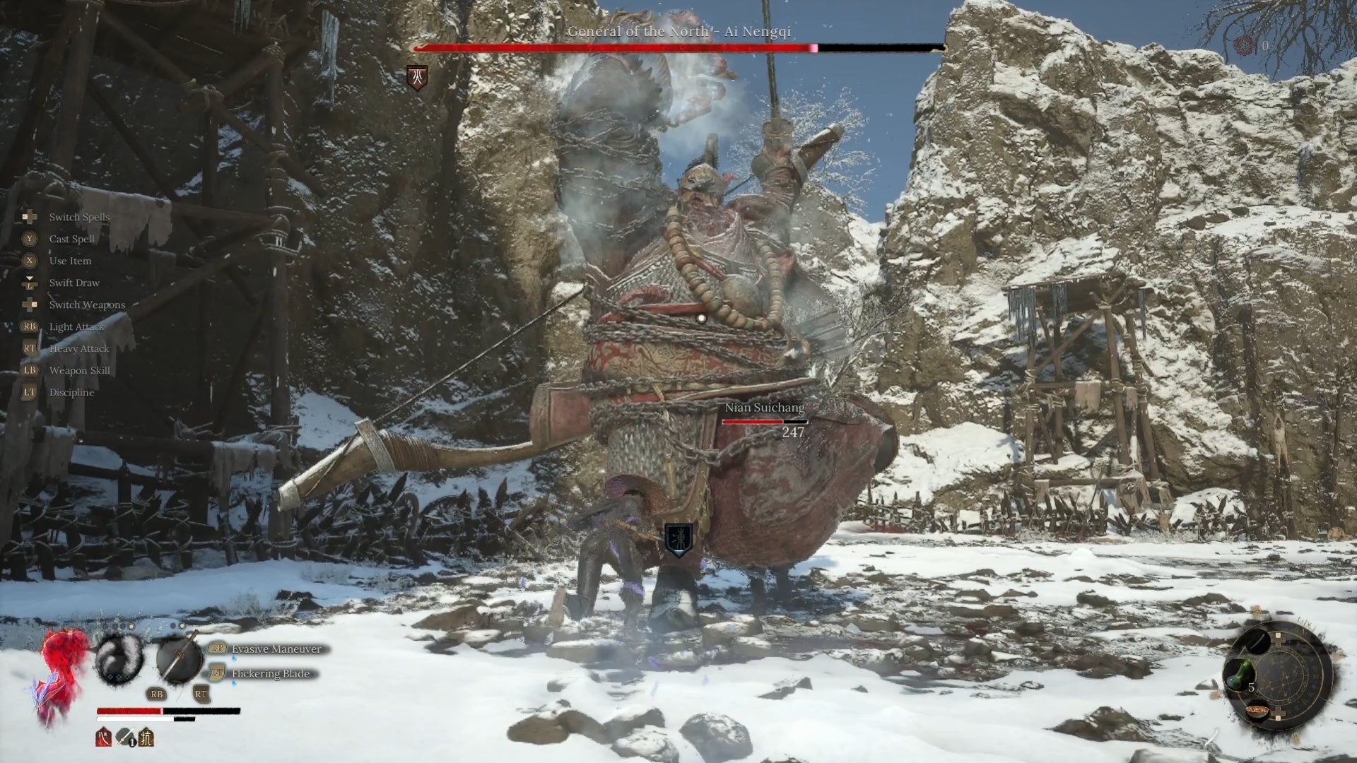 Wuchang and Nian Suichang tag team the behemoth boss Ai Nengqi, a towering ogre of a general, in a snowy arena in Wuchang Fallen Feathers. - 13