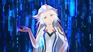 A screenshot of AI: The Somnium Files - nirvanA Initiative showing Aiba, your murder-solving AI pal, standing in cyberspace.