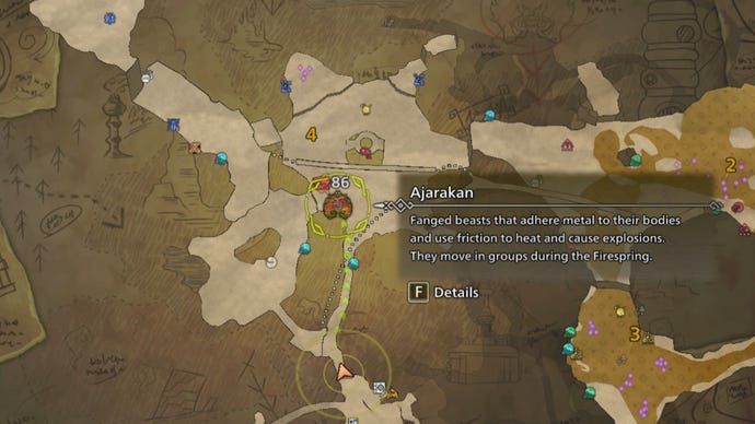 Un mapa que muestra la ubicación del Ajarakan en Monster Hunter Wilds.