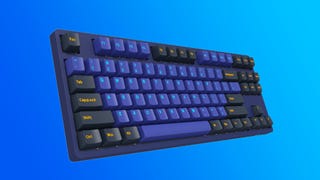 Image of an Akko 3087 Horizon keyboard on a blue to light blue gradient background
