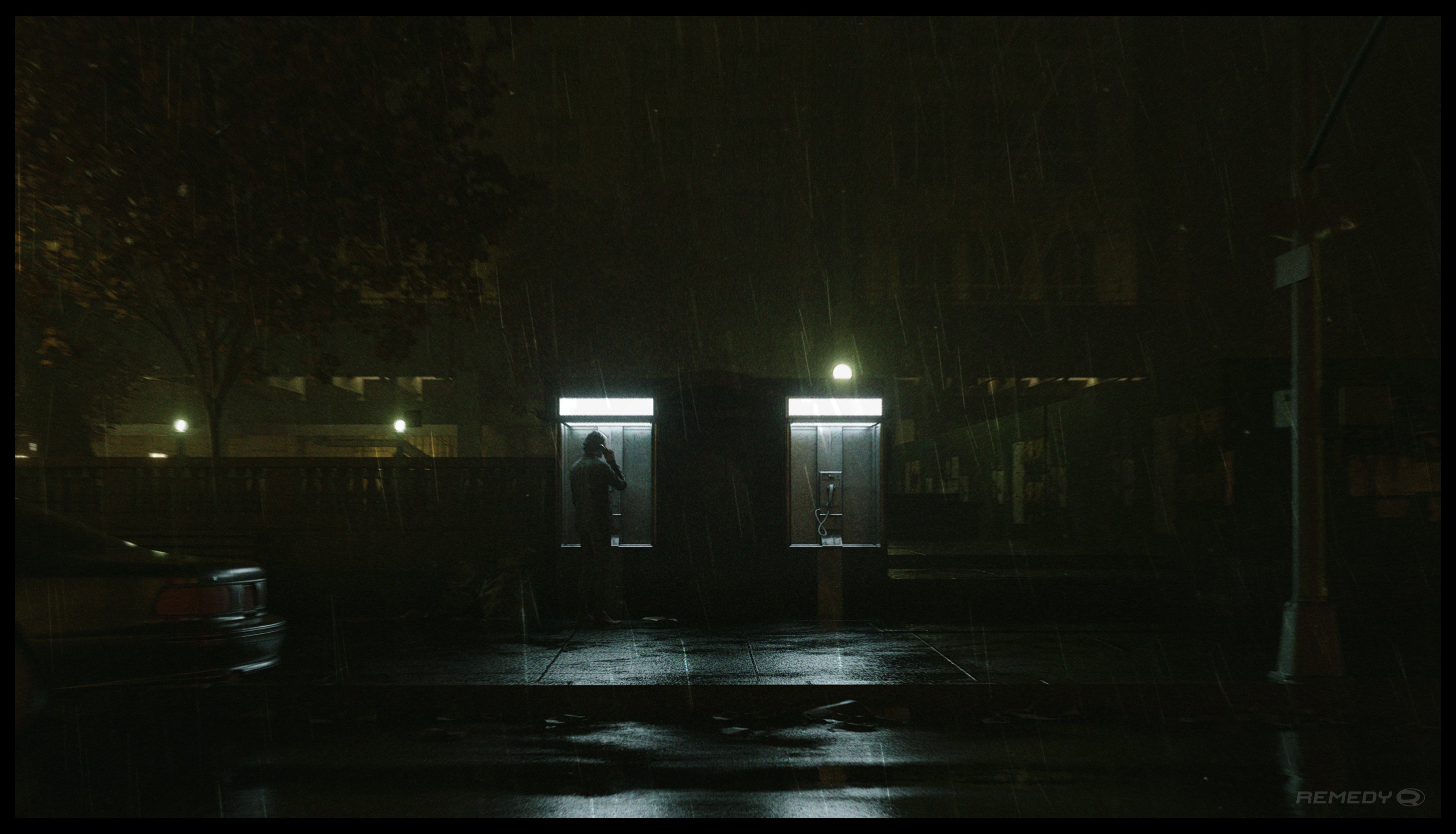Alan Wake 2 concept art showing Alan using a payphone in a city environment at night.