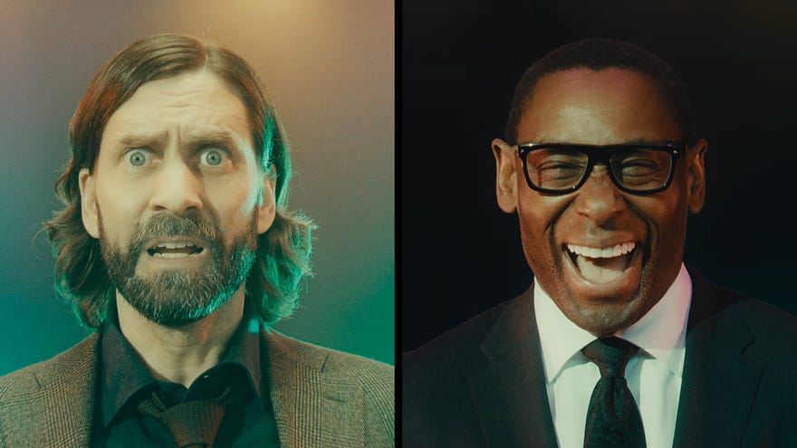 Alan Wake and Mr Door with shocked and laughing expressions from the music video in Alan Wake 2