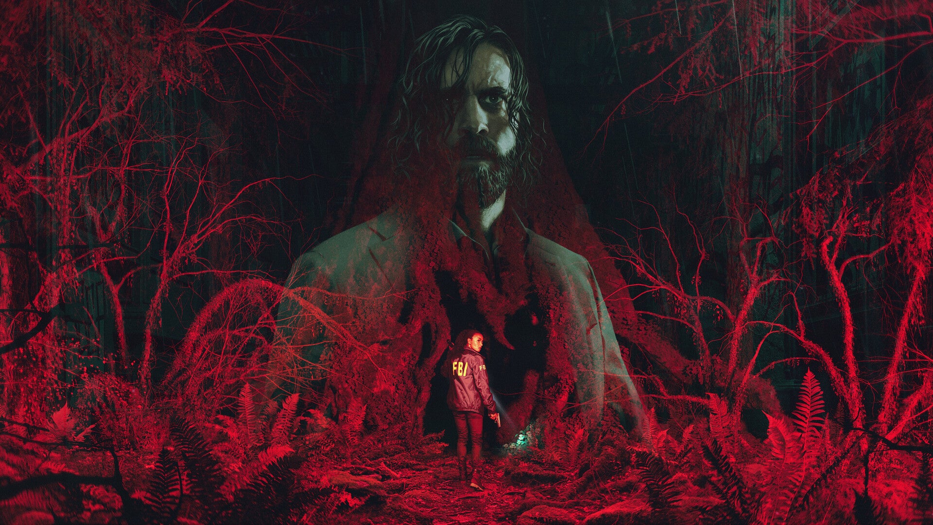Alan Wake, from Alan Wake 2, emerges from a red sea of undergrowth, which Saga Anderson turns around in the midst of. - 1