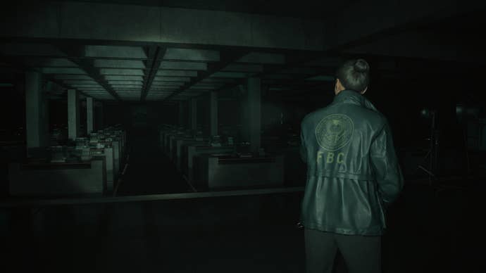 Agent Estevez in a room of automatic typewriters in Alan Wake 2 The Lake House.