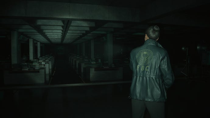 Agent Estevez in a room of automatic typewriters in Alan Wake 2 The Lake House.