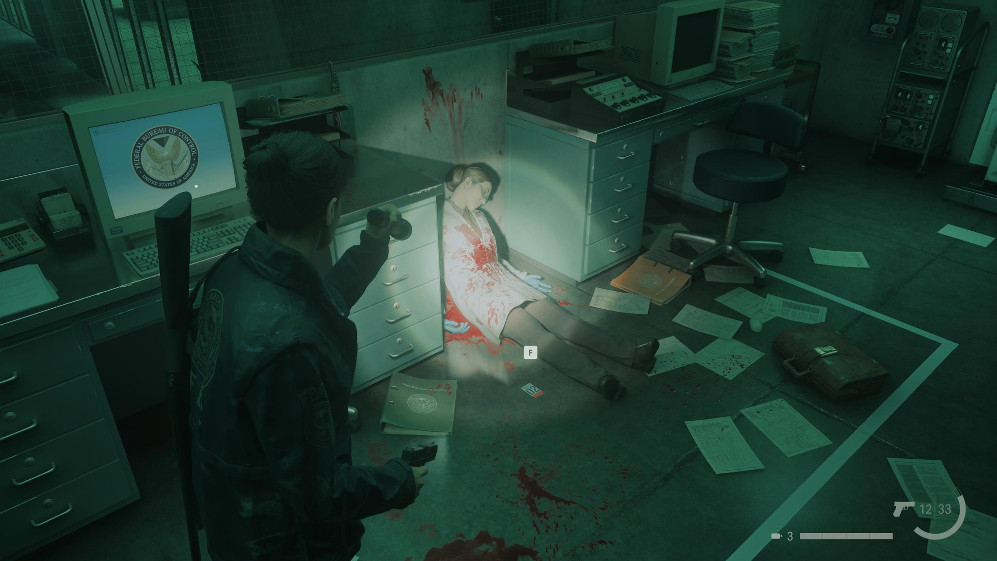 Agent Estevez finds a keycard by a corpse in Alan Wake 2 The Lakehouse. - 3
