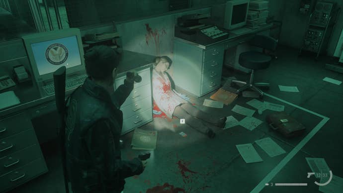 Agent Estevez finds a keycard by a corpse in Alan Wake 2 The Lakehouse.