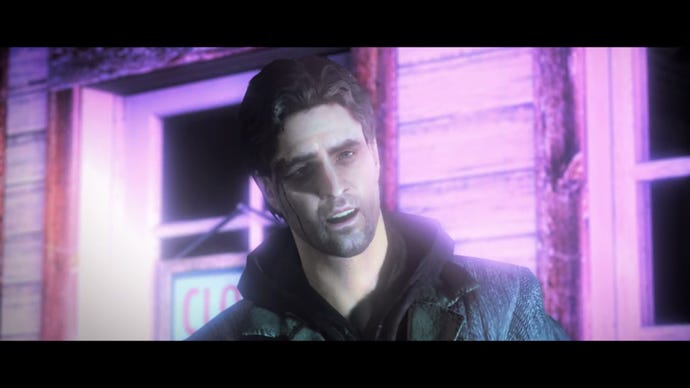 A screenshot of Alan Wake, showing Alan looking confused in a cutscene.