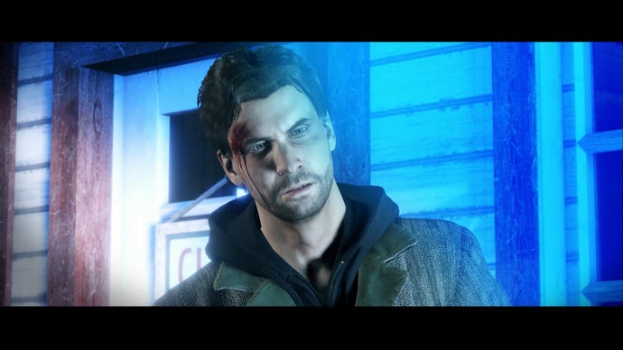 A screenshot of Alan Wake Remastered, showing Alan looking confused in a cutscene.