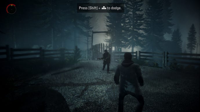A screenshot of Alan Wake Remastered, showing Alan under attack from a shadowy axe-wielder. Strong motion blur is visible.