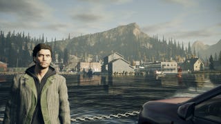 A screenshot of Alan Wake Remastered, showing Alan on a ferry approaching a town.