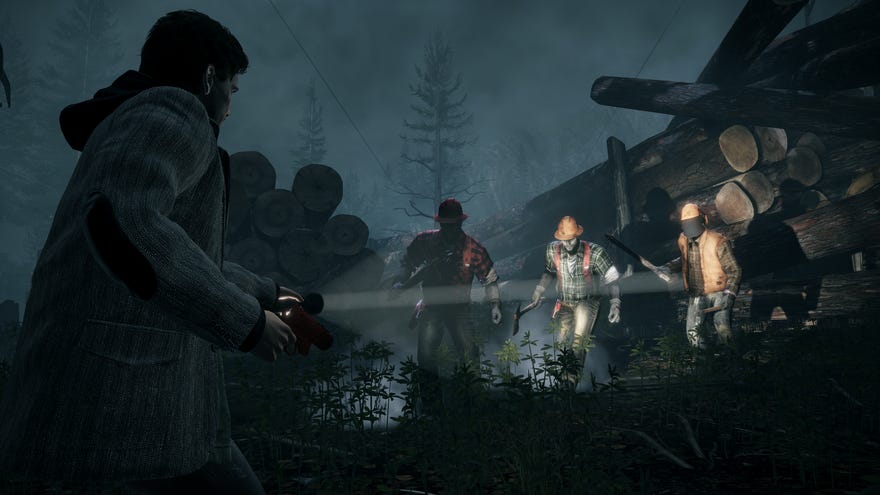 A screenshot of Alan Wake Remastered showing Alan shining a torchlight on three pale and angry lumberjacks.