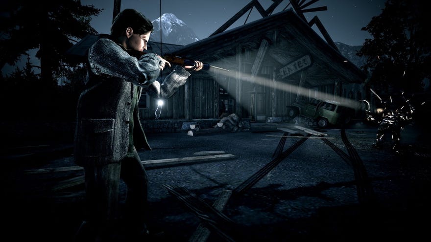 Alan Wake fires a gun into the darkness in Alan Wake