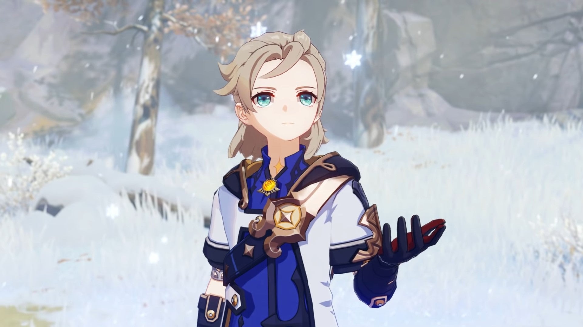 Genshin Impact Albedo teams: An anime man with blonde hair, wearing a white coat, is holding a snowflake in his hand