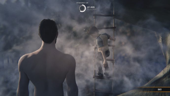 A naked man looks on through the mists of a memory at a young boy climbing a rope ladder in Alfred Hitchcock - Vertigo