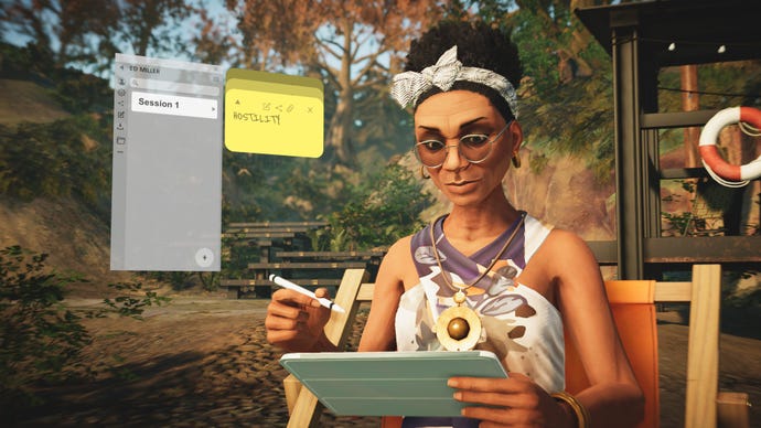 A woman looks at a tablet in a forest setting in Alfred Hitchcock - Vertigo