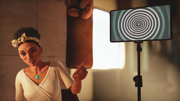 A woman in a headband points to a hypnosis screen in Alfred Hitchcock - Vertigo