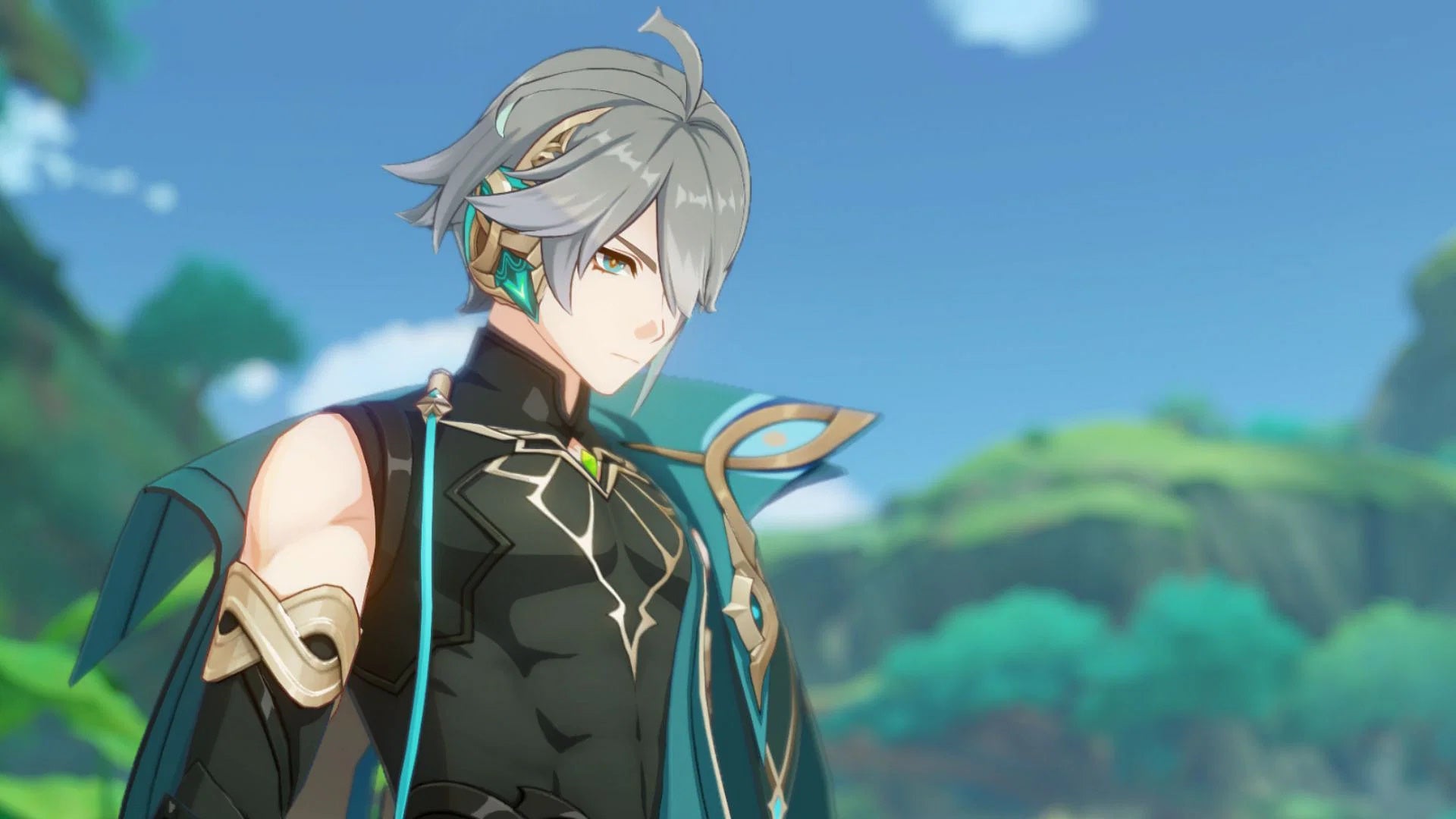 Genshin Impact Alhaitham teams: An anime man with short silver hair, wearing a green cloak over a transparent black shirt, is standing against a heavily wooded backdrop. He&rsquo;s looking down at an unseen item and wears a concerned expression on his face.