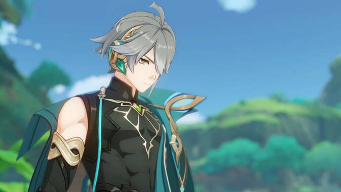Genshin Impact Alhaitham teams: An anime man with short silver hair, wearing a green cloak over a transparent black shirt, is standing against a heavily wooded backdrop. He’s looking down at an unseen item and wears a concerned expression on his face.
