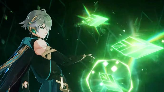 Genshin Impact Alhaitham teams: An anime man with short silver hair, wearing a green cloak over a transparent black shirt, is throwing three glowing, pointed objects in front of him