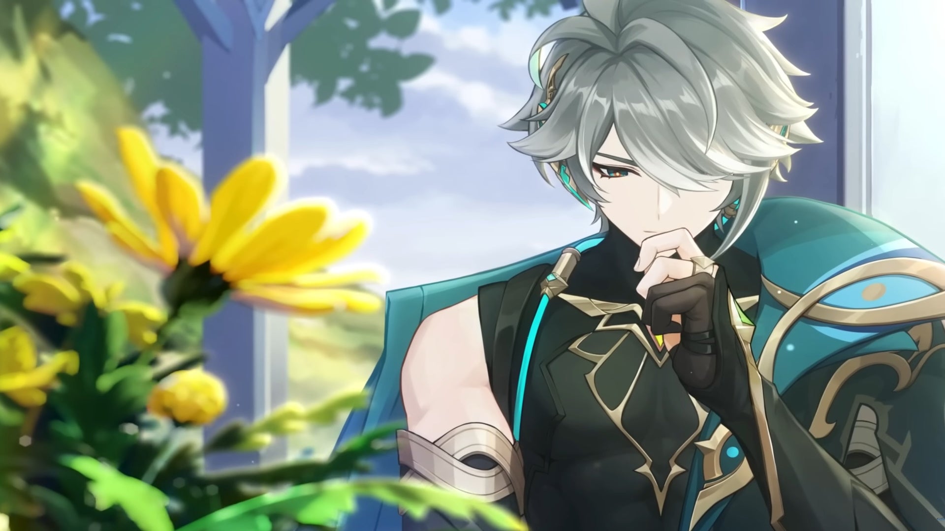 Genshin Impact Alhaitham build: An anime man with short silver hair, wearing a black tunic with a green cape, is standing next to a yellow flower and wearing a thoughtful expression on his face - 5