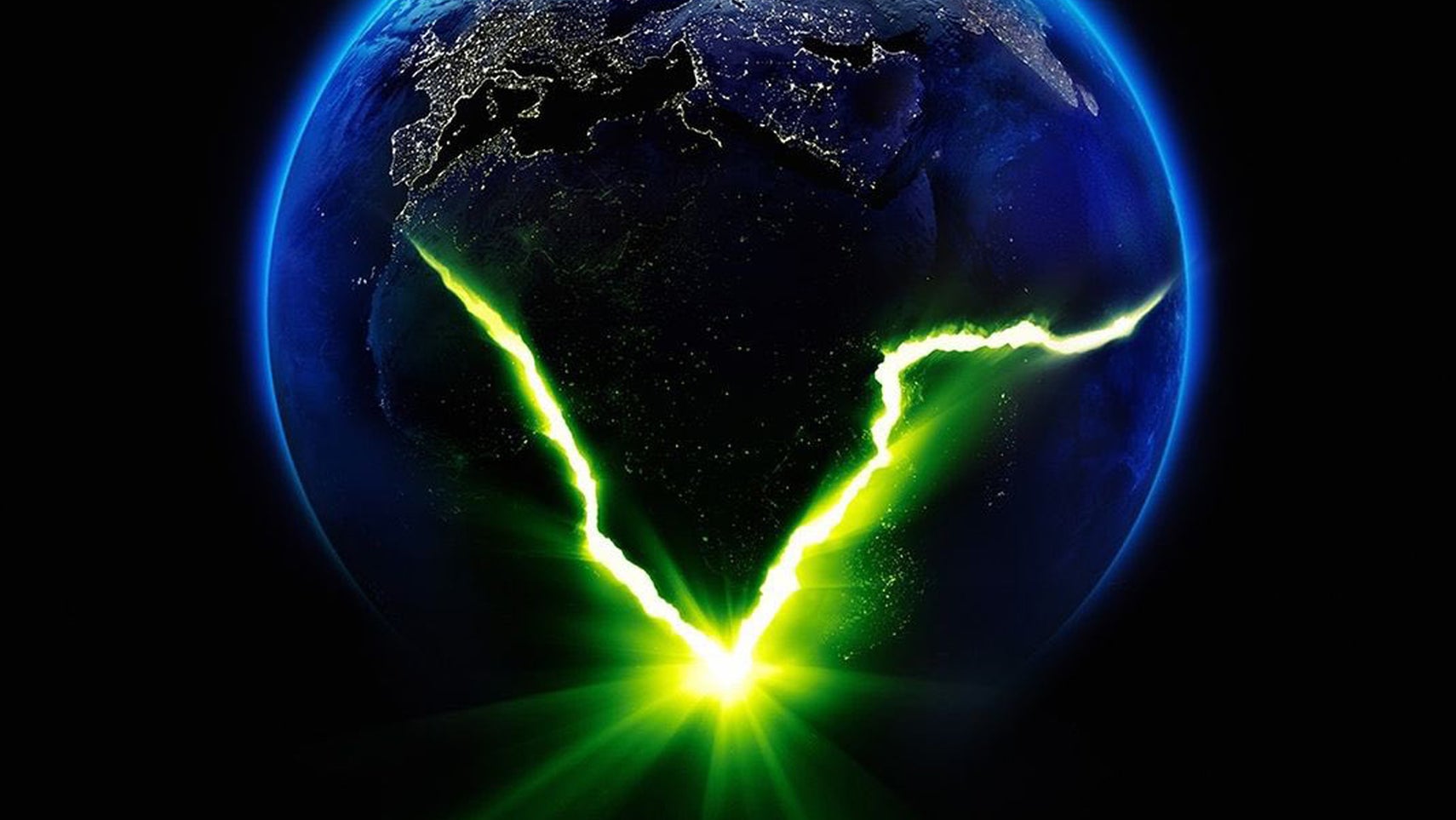 The planet earth with a big green glowing crack going through it on a poster for Alien: Earth. - 1