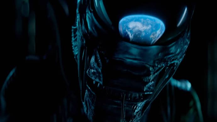 A close-up of a xenomorph, Earth reflecting in its head in Alien: Earth.