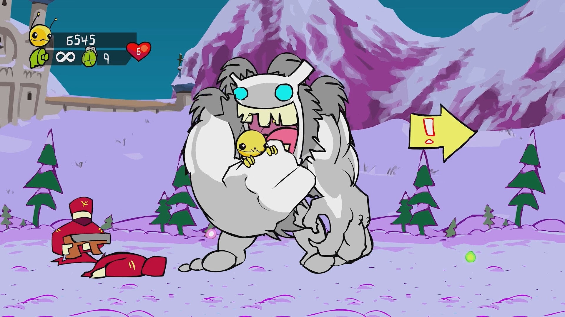 Big guy going to eat a little guy in Alien Hominid HD.