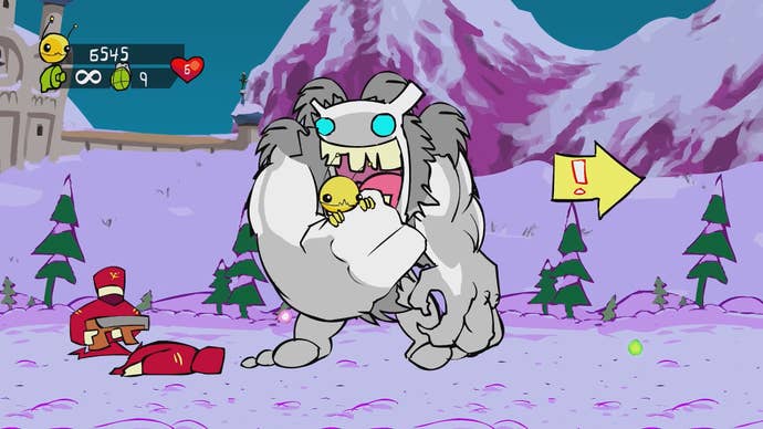 Big guy going to eat a little guy in Alien Hominid HD.