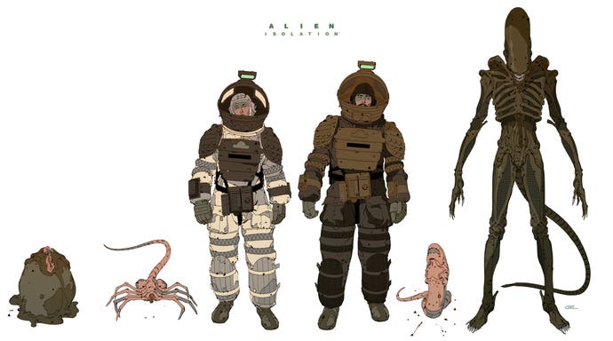 Alien: Isolation concept art for characters showing xeno characters in cel-shaded style against white background