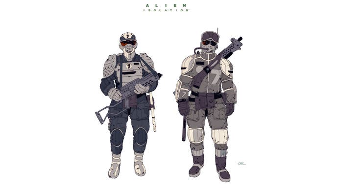 Alien: Isolation concept art for characters showing two armoured characters in cel-shaded style against white background