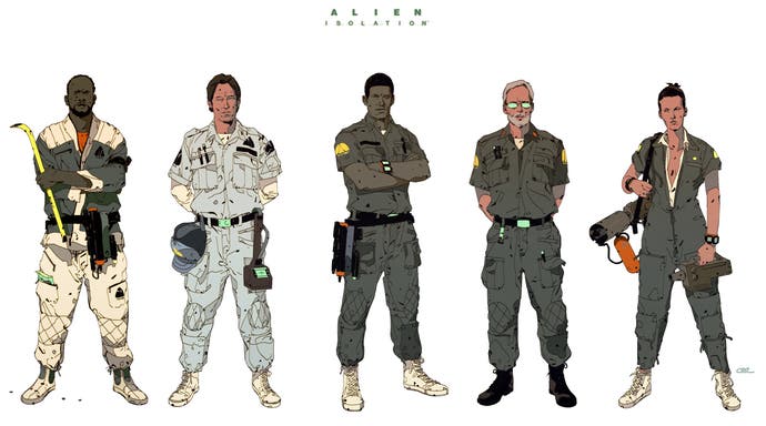 Alien: Isolation concept art for characters showing five crew characters in cel-shaded style against white background