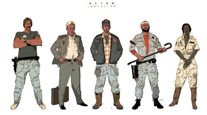 Alien: Isolation concept art for characters showing five crew characters in cel-shaded style against white background
