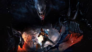Alien: Rogue Incursion promotional art showing its ex-Colonial Marine protagonist Zula Hendricks firing a gun as Xenomorphs surround her along a narrow sci-fi corridor.