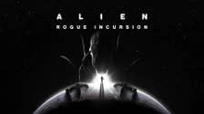 A xenomorph from Alien looms over a small person stood on a planet, the title of the game Alien Rogue Incursion can be seen above.