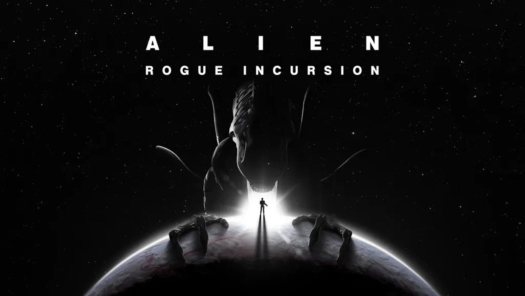 A xenomorph from Alien looms over a small person stood on a planet, the title of the game Alien Rogue Incursion can be seen above. - 1